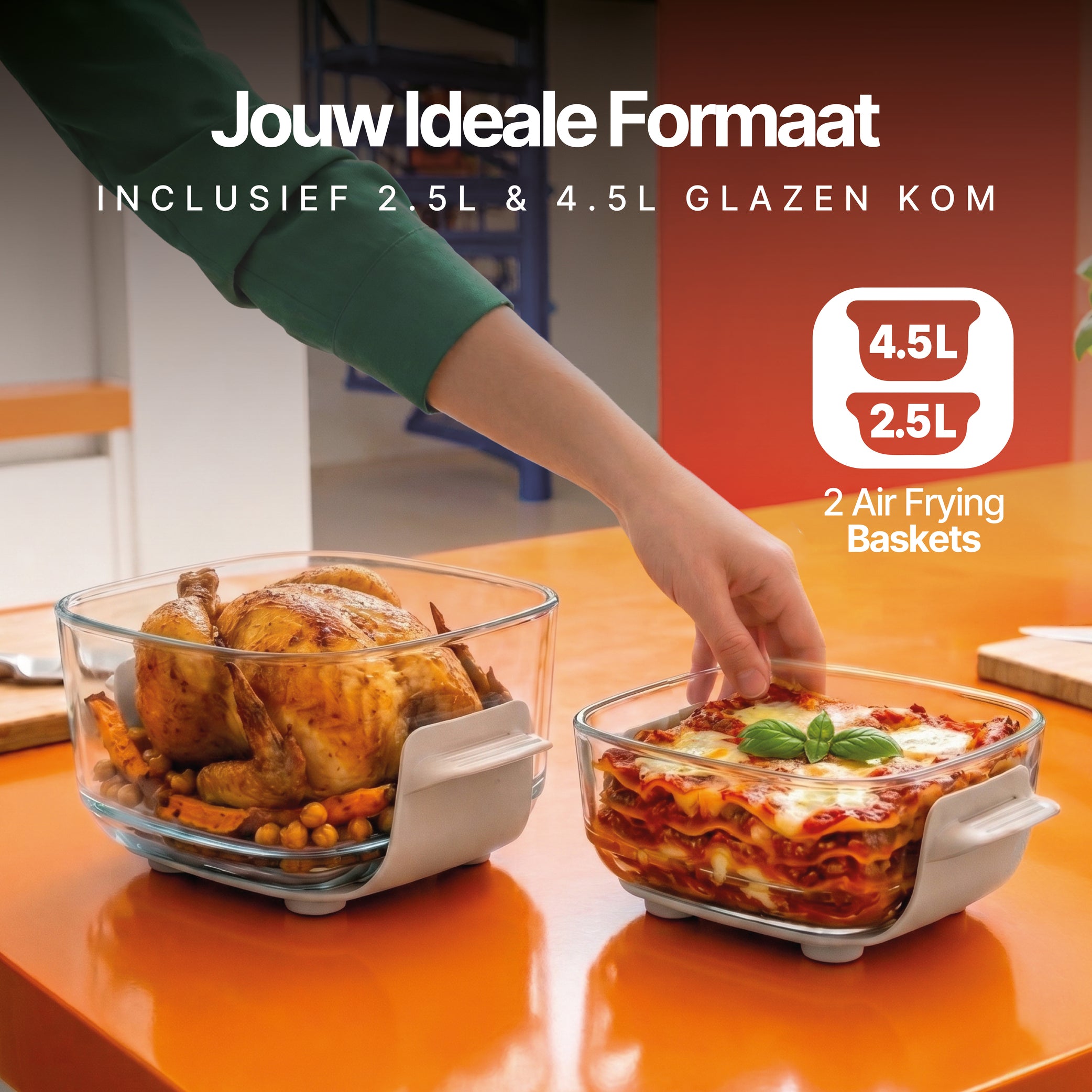 Deux bols en verre de 2,5 et 4,5 litres de la Seeger ClearFry avec poulet et lasagnes