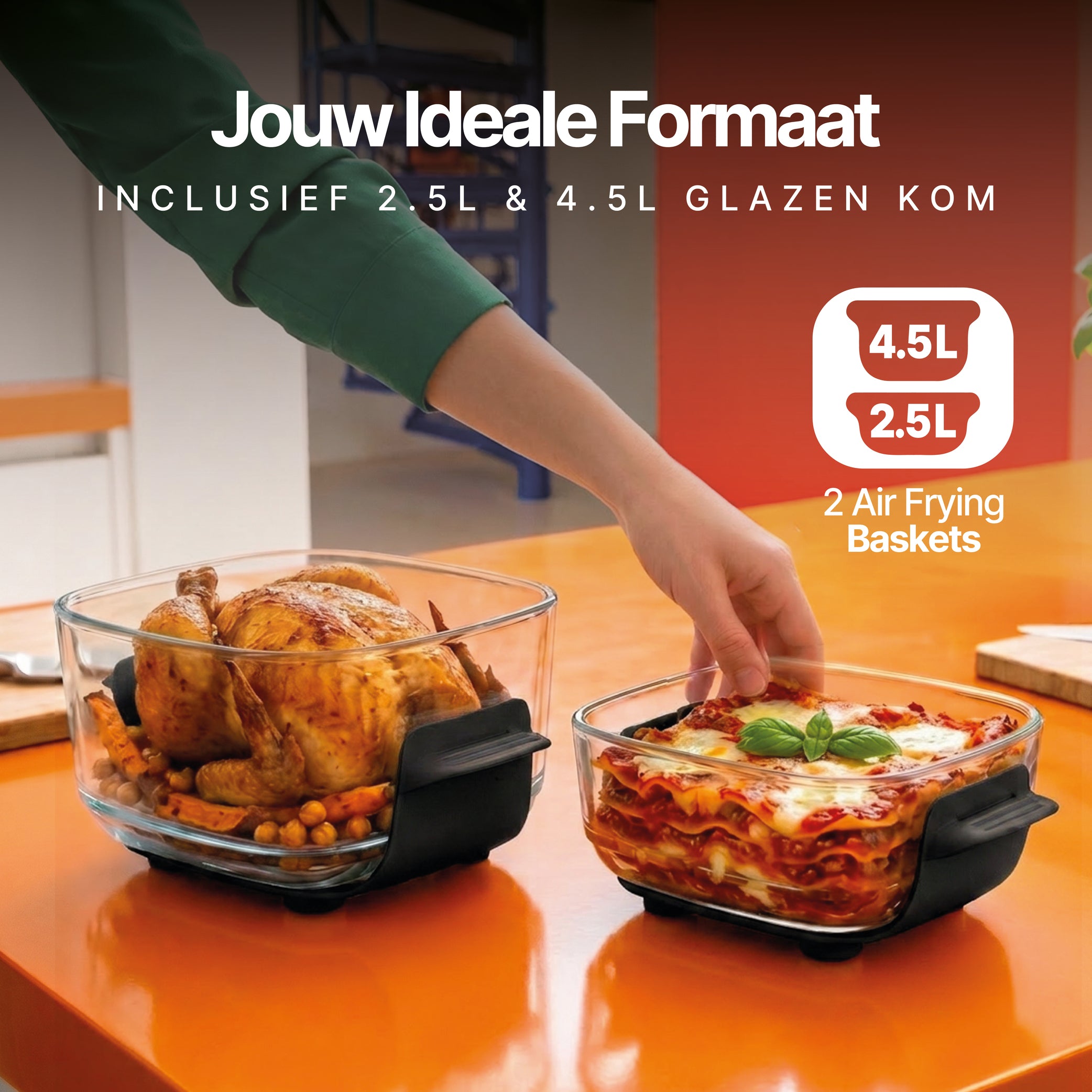 Deux bols en verre de 2,5 et 4,5 litres de la Seeger ClearFry avec poulet et lasagnes