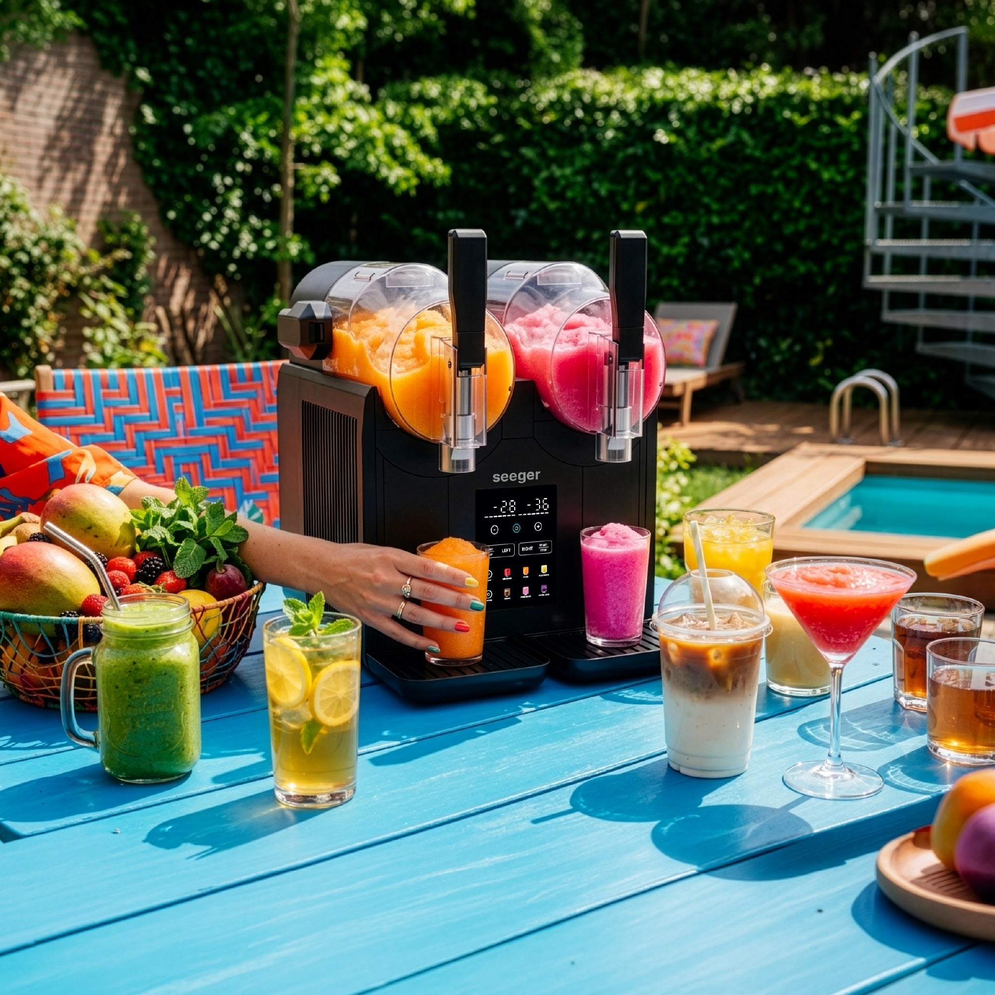 Seeger SuperSlush Twin Slushmaschine am Pool, während ein oranger Frozen Drink gezapft wird