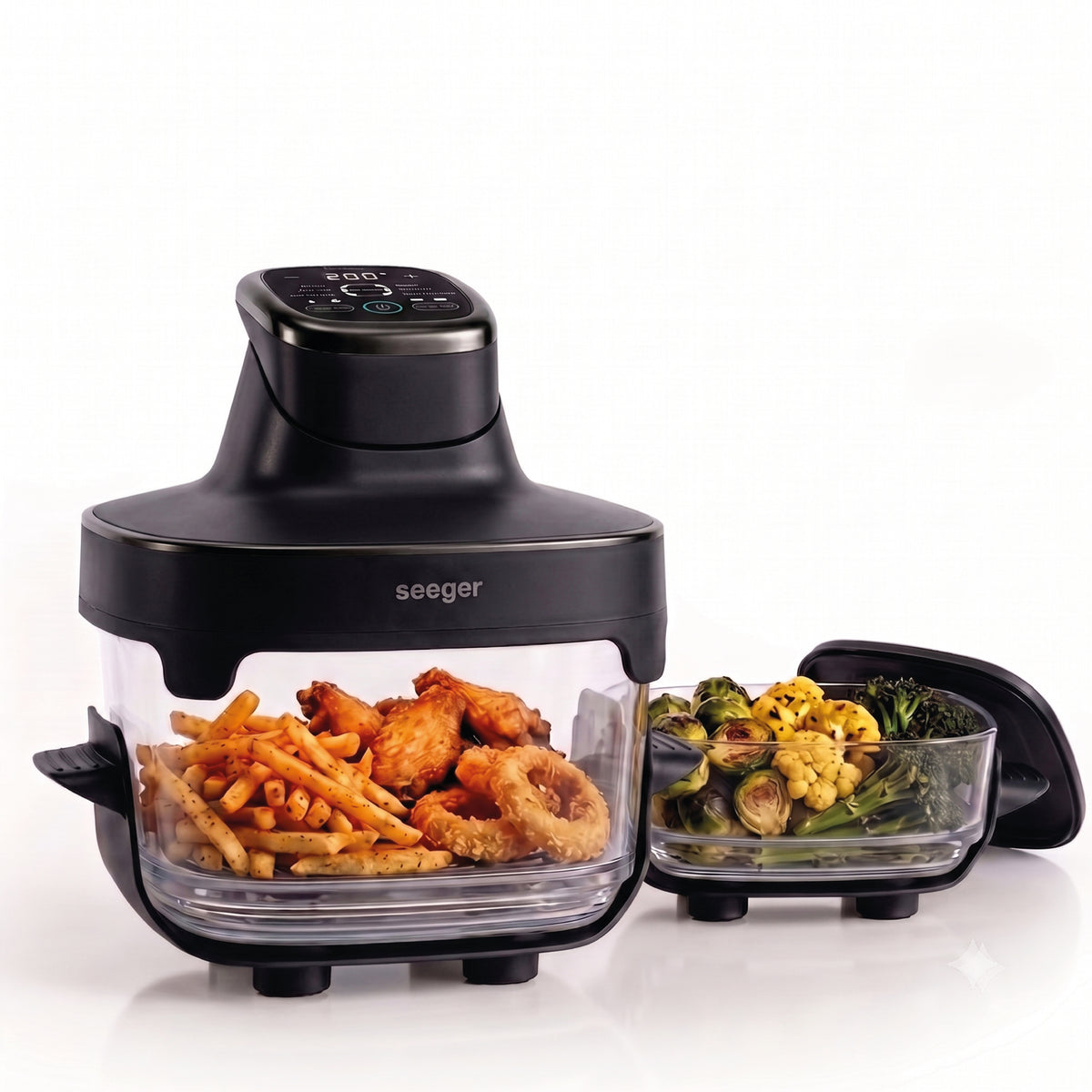 Seeger ClearFry glass air fryer in black with fries and vegetables in the glass bowls