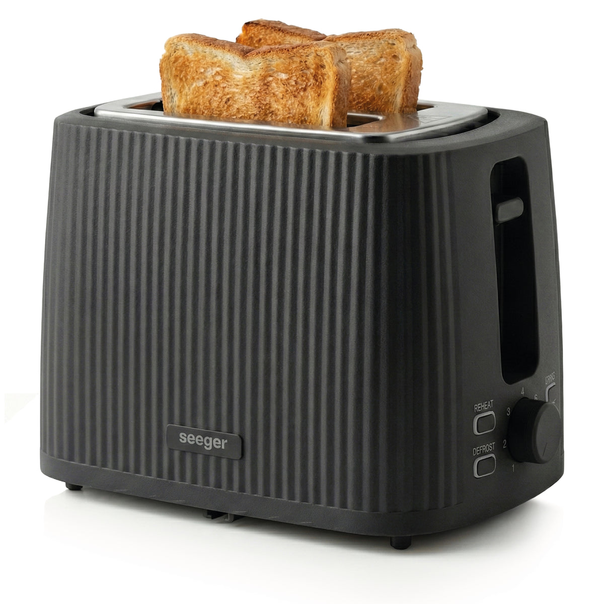 Seeger design toaster in black with pleated finish – front view