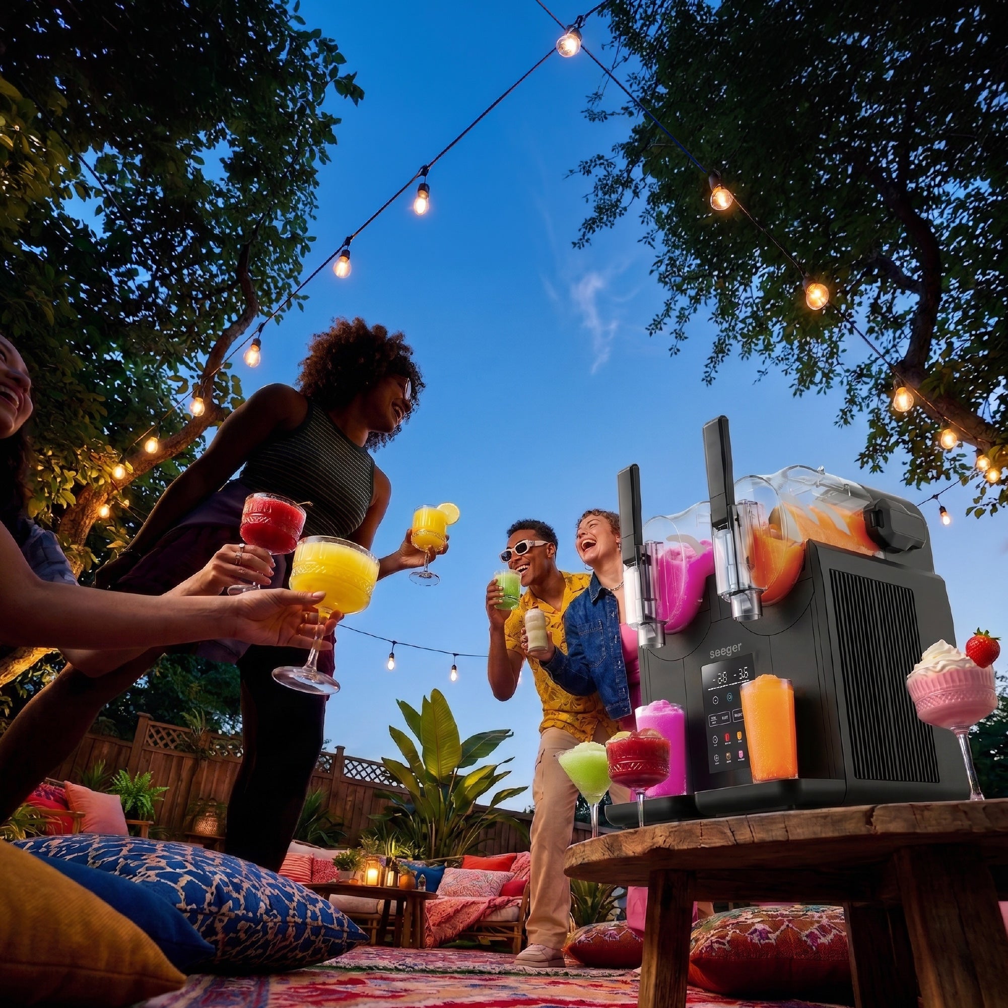 Vrienden met frozen cocktails uit de Seeger SuperSlush Twin op een tuinfeest
