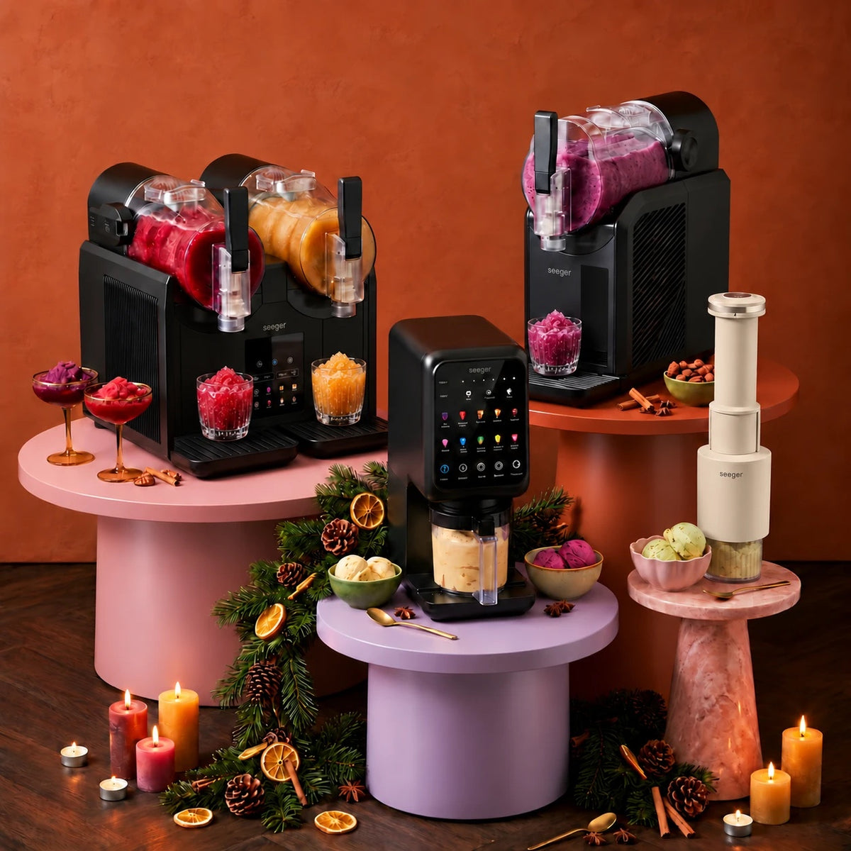 SuperSlush Twin, SuperSlush, MultiCream and CompactCream on pastel pedestals with winter slush, ice cream, candles and pine branches