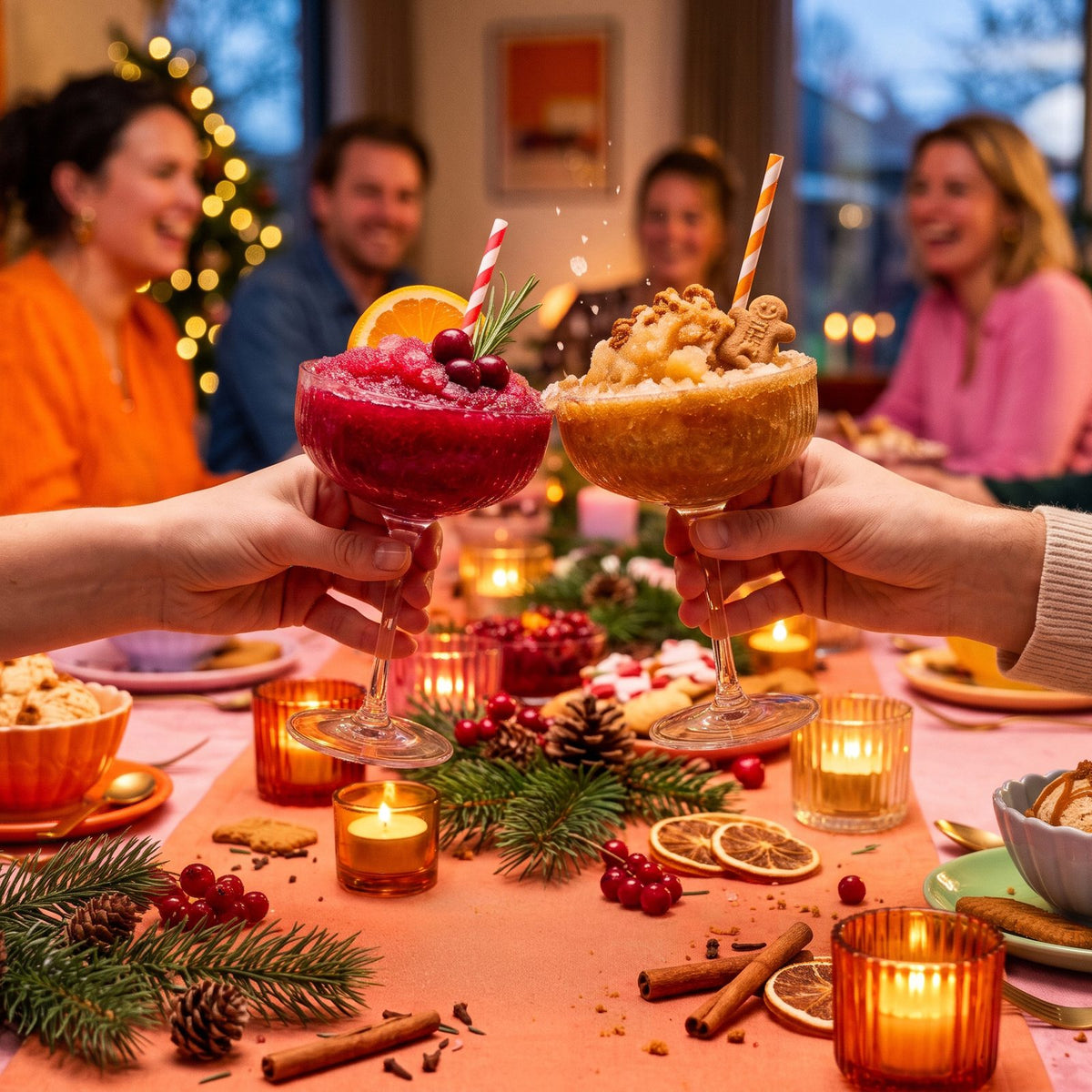 Two hands toasting with cranberry slush and speculaas slush above a set Christmas table, friends laughing in the background